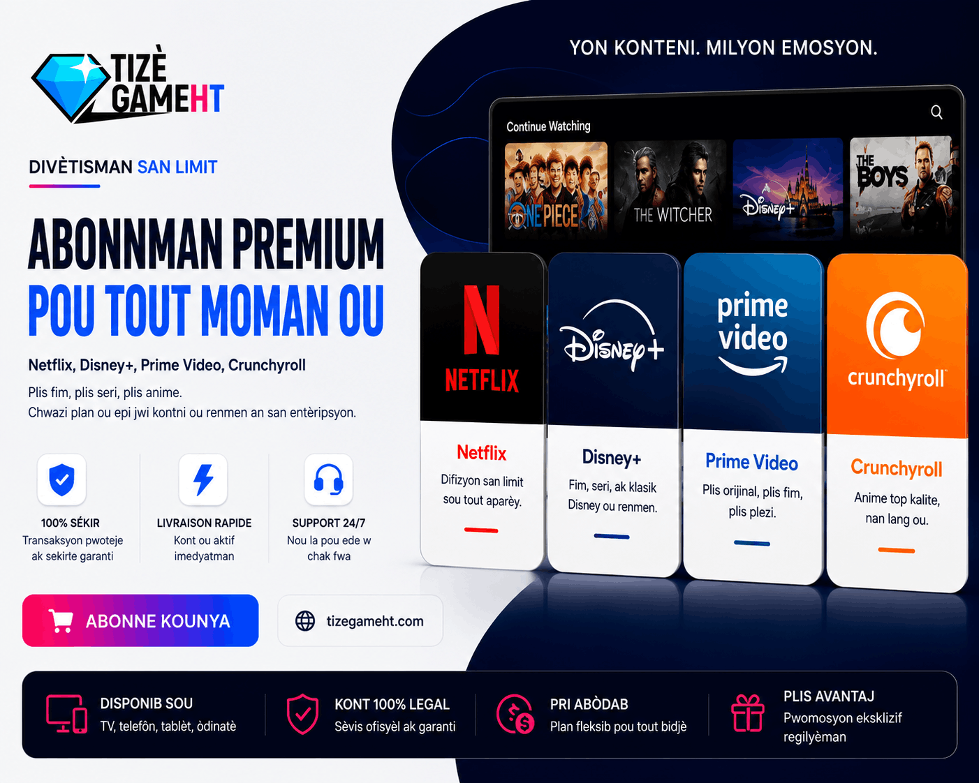 TizèGame Haïti - Abonnements streaming Netflix, Disney+, Prime Video, Spotify en Haïti - Paiement facile avec MonCash